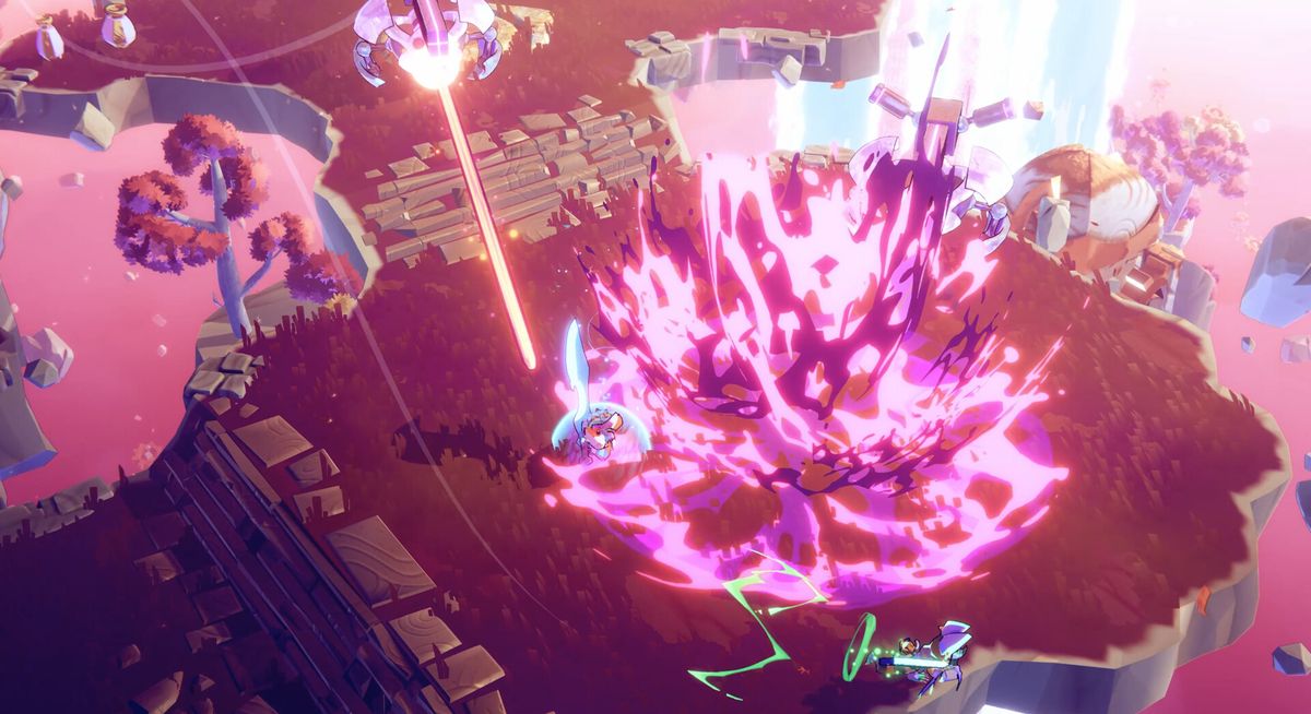 角色在空中跳跃与敌人战斗的场景，背景为多个漂浮岛屿