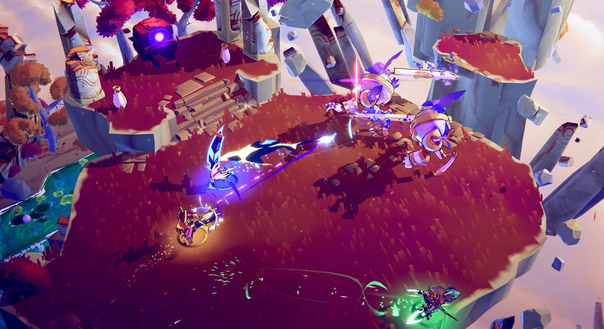 角色手持双武器战斗，背景为多个漂浮岛屿和风暴漩涡