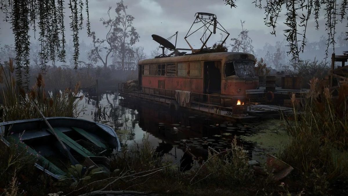 《潜行者2》ASMR视频截图，展示河湾地区清晨雾气缭绕的森林场景