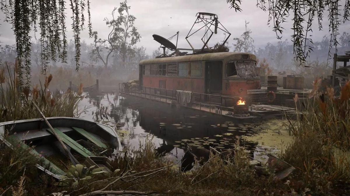 《潜行者2》游戏画面，展现夕阳下河湾地区的水面反光与光影细节