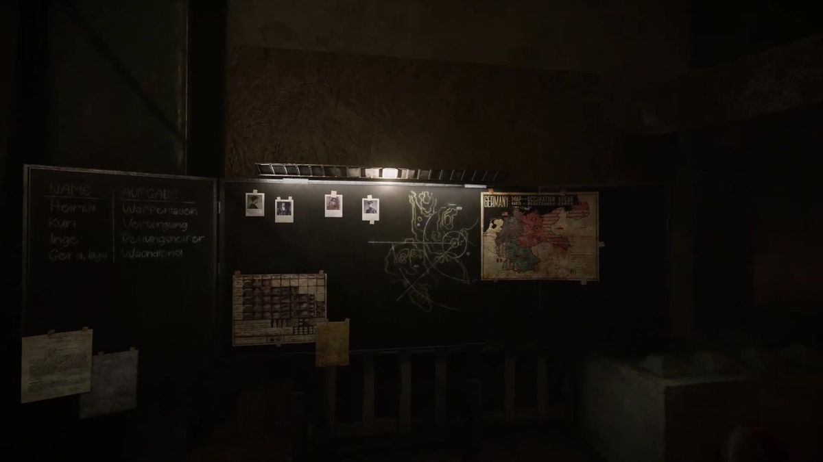 玩家在藏身处升级武器，工作台旁堆满各类资源与图纸