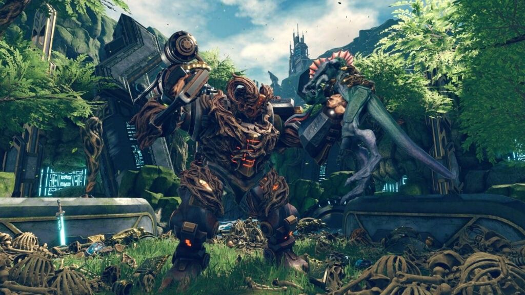 《方舟时代》游戏封面图，展示主角手持武器在奇幻森林中的场景