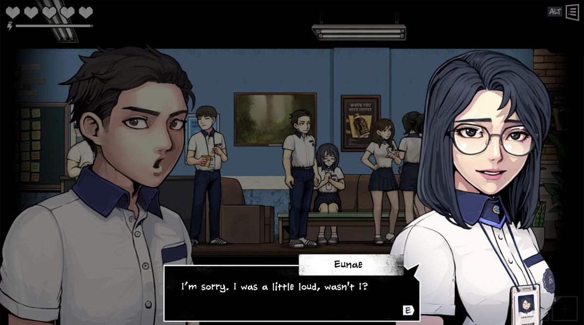 镜像世界中的废弃教室，墙上布满涂鸦与恐怖符号