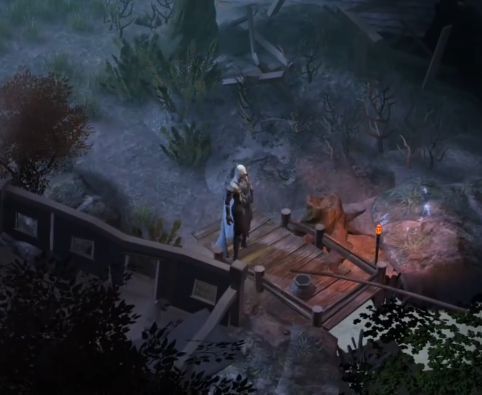 鱼人长老战斗场景，主角与鱼人长老激烈对战，周围是破败的渔村建筑