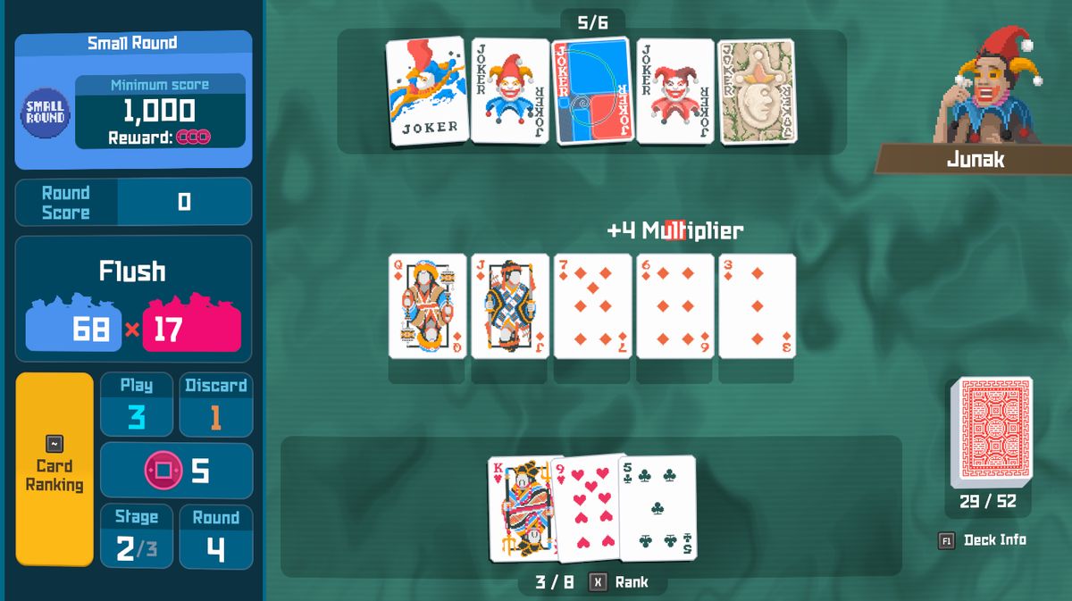 《Balatro》主角Jimbo在鲛人村与玩家互动，展示卡牌对战界面