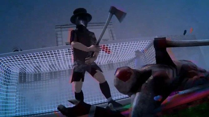 游戏场景截图，黑暗风格的足球场布满陷阱与血迹