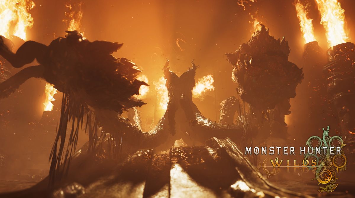 《怪物猎人：荒野》BETA测试画面，展示玩家与巨型怪物激烈对战的场景，场景设定在荒野丛林中，战斗特效逼真