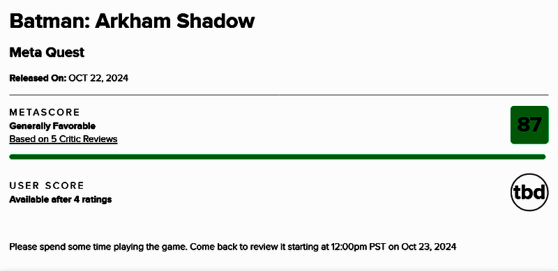 蝙蝠侠阿卡姆之影媒体评分截图，Metacritic评分87分，多家媒体给予高分评价