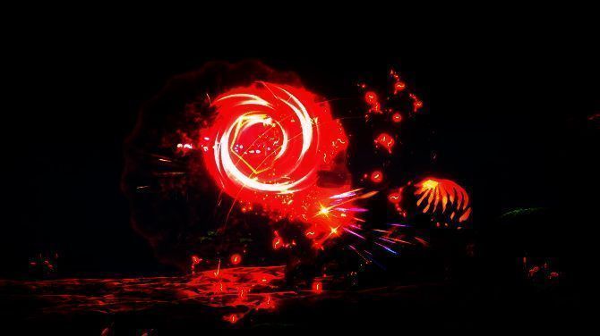 Boss战场景，主角与巨型异兽展开激烈对决，特效华丽