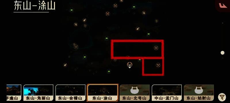 涂山区域比翼鸟刷新点示意图，地形以开阔草地为主