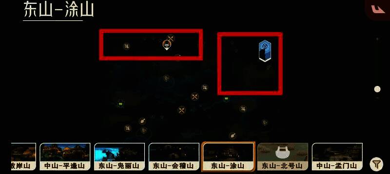 马腹在涂山的刷新点示意图，展示等级24~26的具体位置