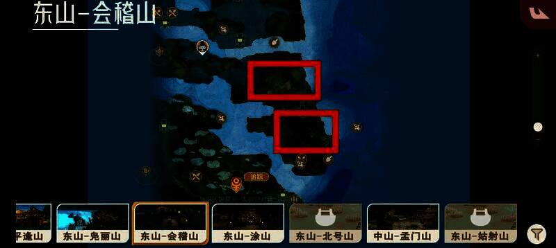 会稽山地图截图，清晰标注应鼍刷新区域，地形以沼泽为主