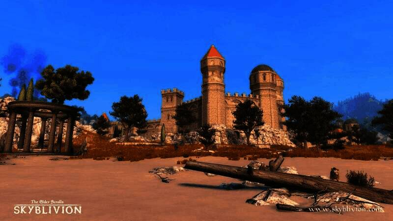 《上古卷轴5》Mod“Skyblivion”截图，古老城堡与晨雾交织，宛如史诗画卷