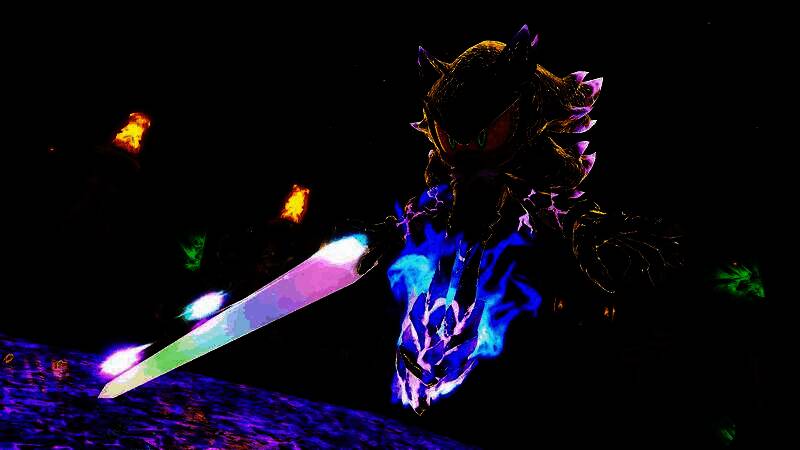 梅菲勒斯在战斗中释放能量光束，背景为未来风格的战斗场景