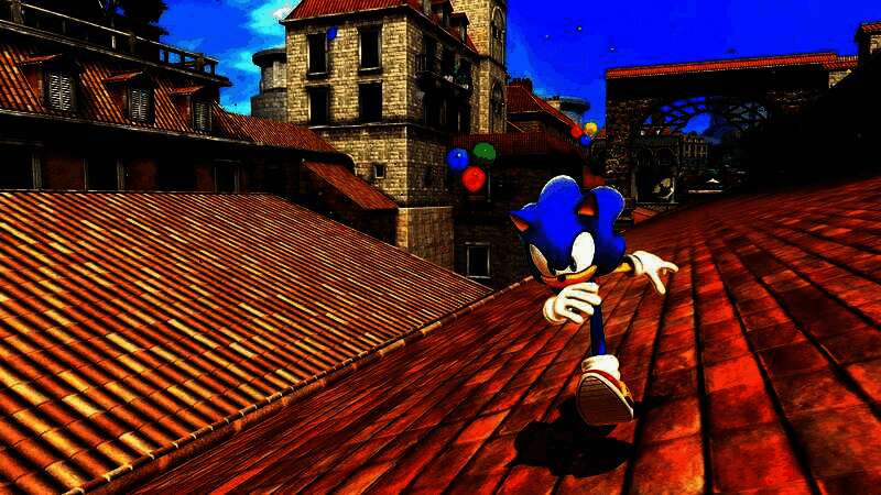 卢弗特普朗关卡中五彩缤纷的气球点缀高科技城市，索尼克在街道间疾驰