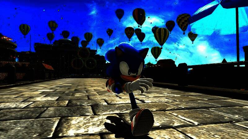 索尼克在卢弗特普朗的橘色屋顶间跳跃，纸雪花飘落，画面充满童话感