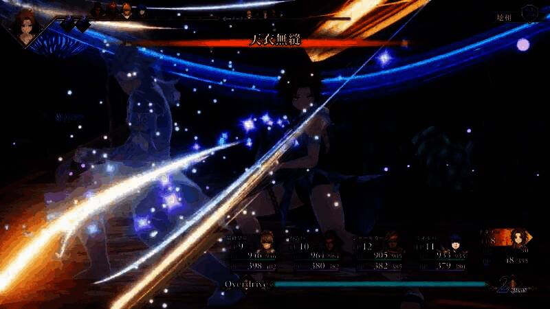 两名角色在废墟中对决，背景为倒塌的石柱与火焰特效