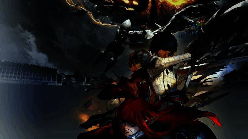 桥野桂太郎接受采访，神情专注，背景为Atlus公司标志