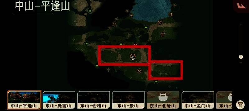 平逢山地图截图，标出飞鼠的主要刷新区域及环境特征