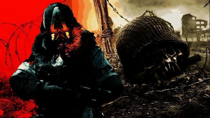 《杀戮地带》系列经典战斗场景，角色在废墟中激烈交火，背景为爆炸与烟雾