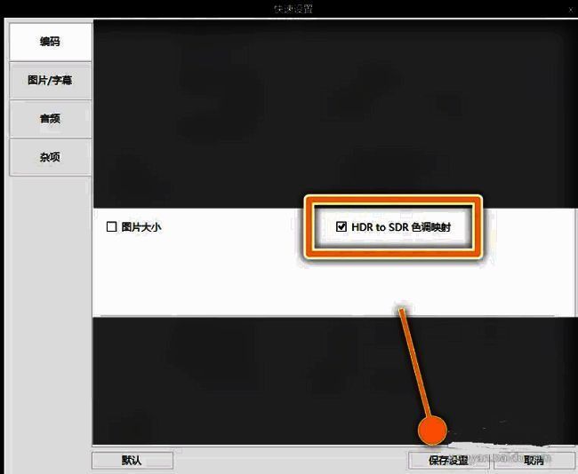 编码设置界面中HDR to SDR色调映射选项被勾选，界面右下角显示确定按钮