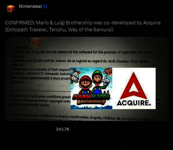 疑似eShop页面截图，显示ACQUIRE为《马力欧&路易吉RPG兄弟齐航！》的开发团队信息