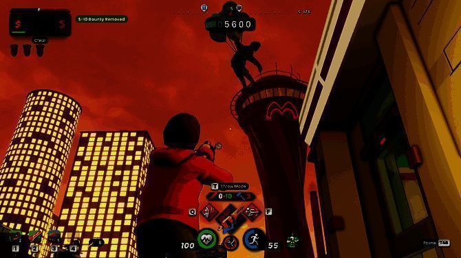 玩家角色在城市街头奔跑，背景中可见警车闪烁，暗示追捕情节