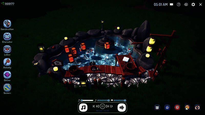 玩家建造的温泉花园场景，绿植环绕，温泉清澈见底