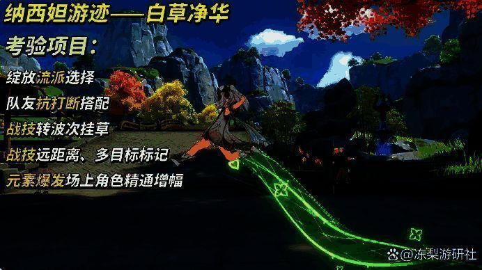 纳西妲在战斗中释放技能，周围有元素反应特效环绕