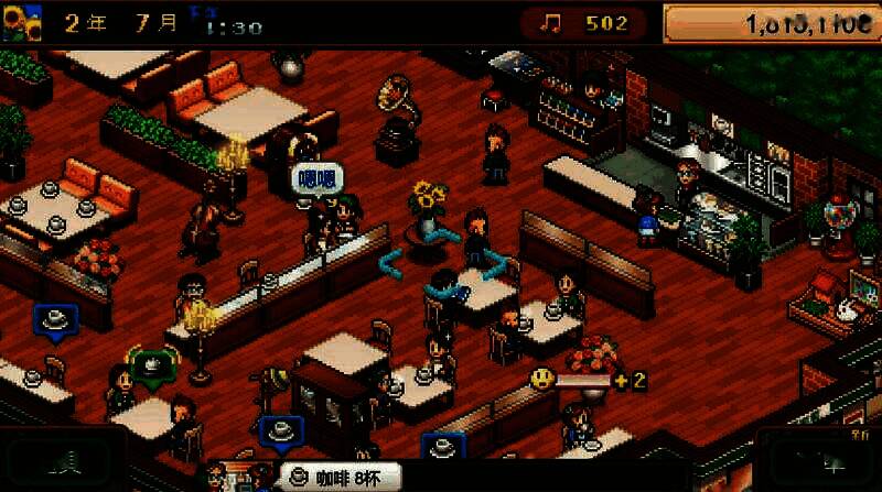 游戏界面展示咖啡店整体布局，顾客排长队等待购买