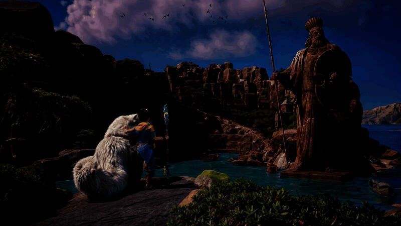 Sepehr与Baboo在昏暗森林中前行，周围藤蔓缠绕，远处闪烁着诡异红光，气氛紧张而神秘