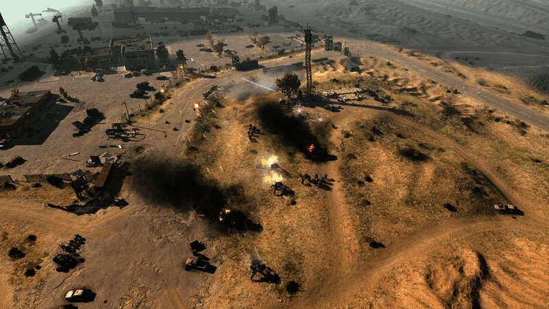 机械部队在城市废墟中推进，地面布满残骸与弹坑