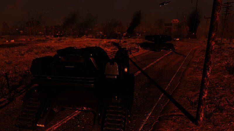 军团坦克在废墟中缓缓推进，装甲表面布满战斗痕迹