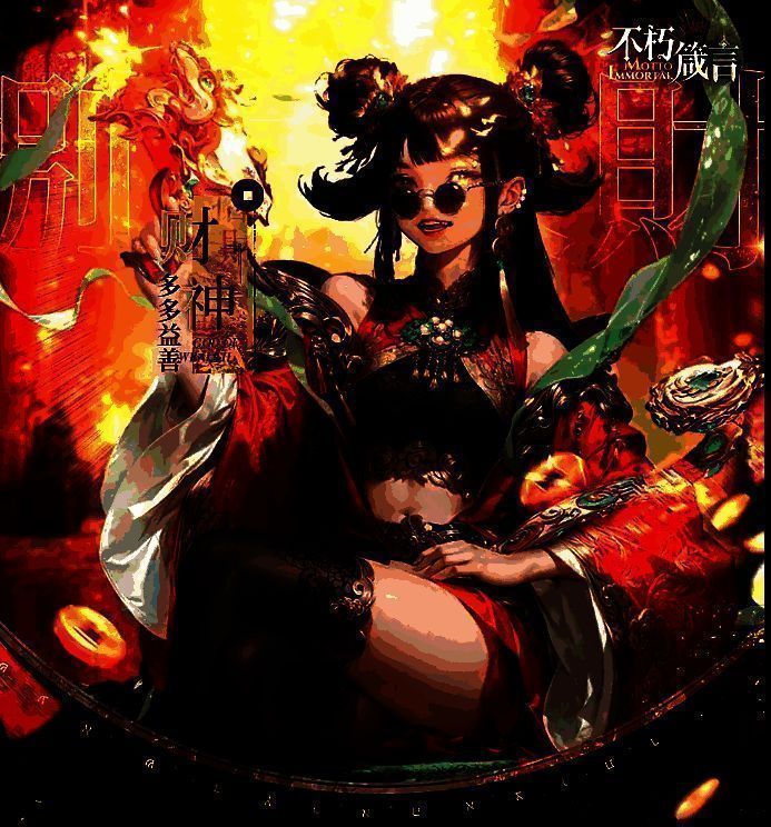 红心阵营三人组战斗场景，财神居中释放大招，精卫与伊西斯同时发动华丽大招轰炸敌人