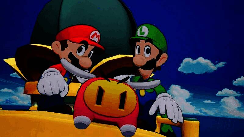 《马里奥与路易：兄弟齐航》游戏封面图，马里奥与路易并肩站立，背景为色彩缤纷的奇幻岛屿