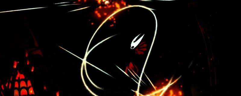 《空洞骑士：丝之歌》中炽焰之父BOSS战场景，火焰特效弥漫，主角在空中释放灵丝风暴进行攻击