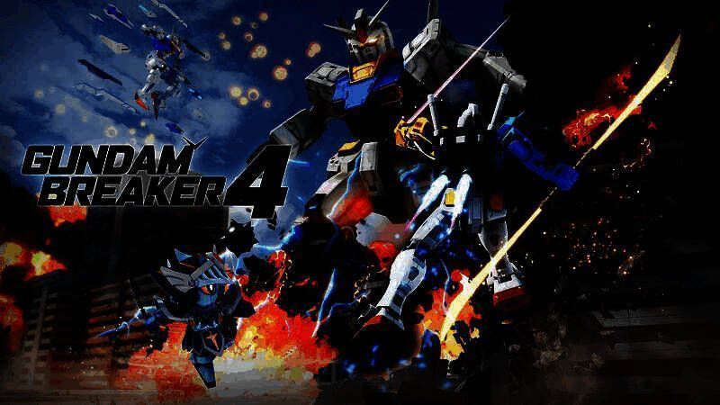 《高达破坏者4》游戏宣传画面，展示多款经典高达机体激烈对战场景，背景为破碎城市与爆炸特效