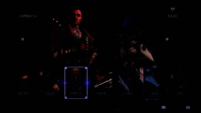 《龙腾世纪4》角色互动界面展示，多位角色围绕主角交谈