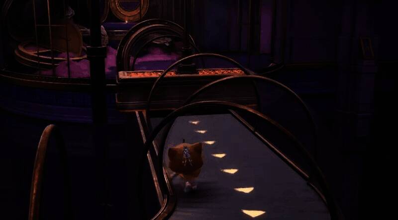 暖暖与大喵在工坊内配合前进，背景为齿轮转动的机械结构，光线透过管道洒下营造神秘氛围