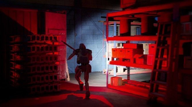 幸存者小组在昏暗走廊中悄悄移动，一人正试图打开安全门，背景隐约可见机械猎犬的影子