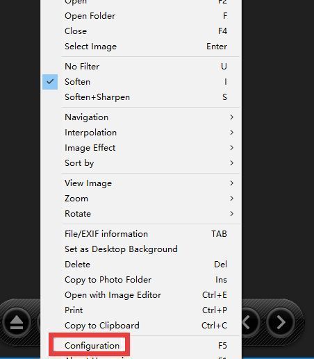 HoneyView主界面右键菜单展示，鼠标指向configuration选项