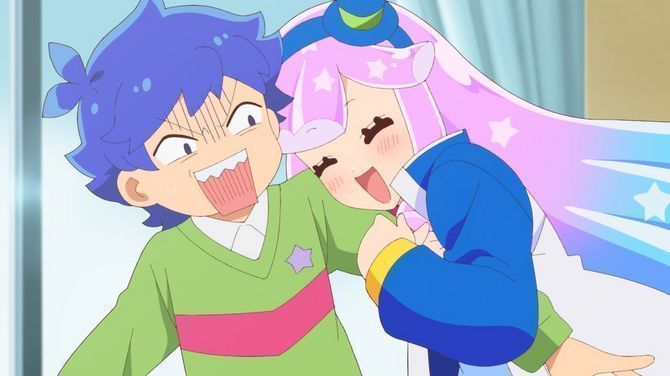 《可爱史莱姆噗尼露》角色设定图展示，主角与变成女孩的史莱姆并肩站立，画风萌趣治愈