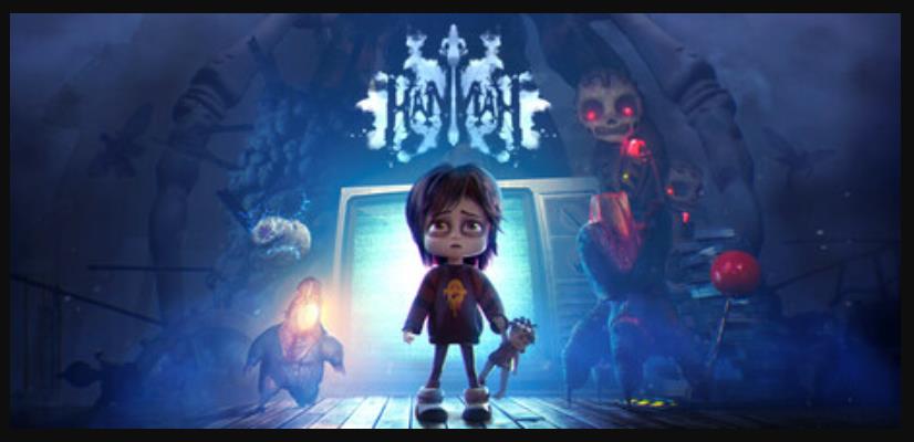 《汉娜》游戏主视觉图，小女孩站在梦幻而略带阴森的复古风格房间中，周围漂浮着玩具和光影特效