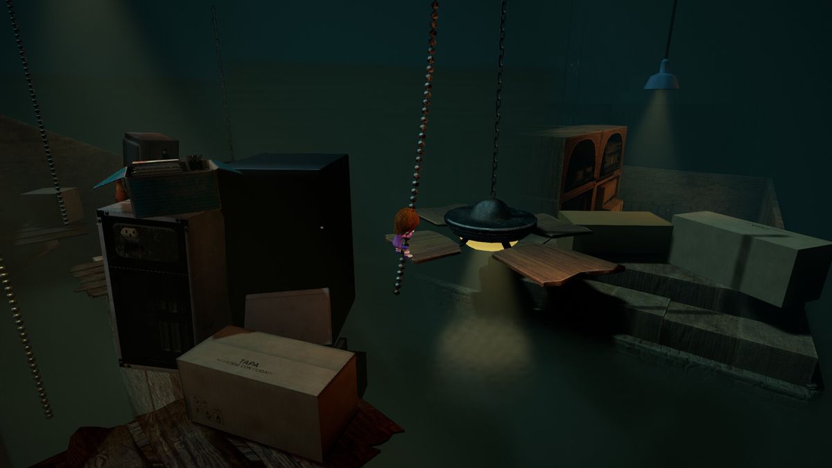 游戏中色彩斑斓但结构错乱的儿童房场景，墙上贴满老式海报，玩具散落一地，光线迷离