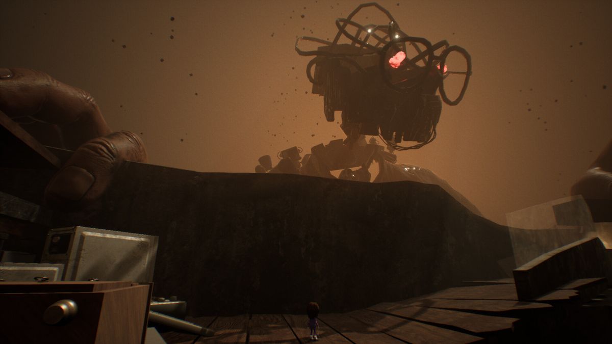 游戏内一个由老旧电视机堆叠而成的巨大怪物缓缓移动，象征童年恐惧的具体化形象