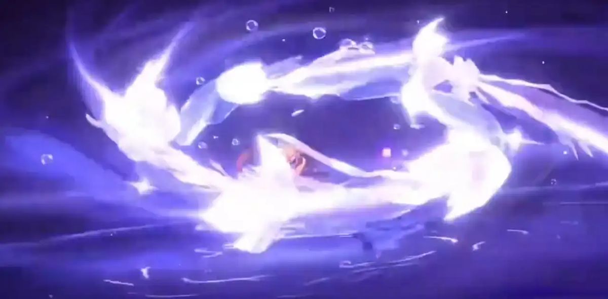 长夜月终结技展示，忆灵围绕角色周围，释放出冰蓝色光效