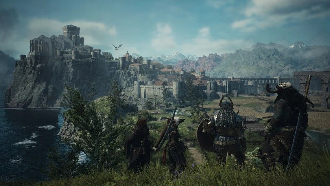 《龙之信条2》城镇场景中大量NPC在街道上自由活动，表情生动，行为各异