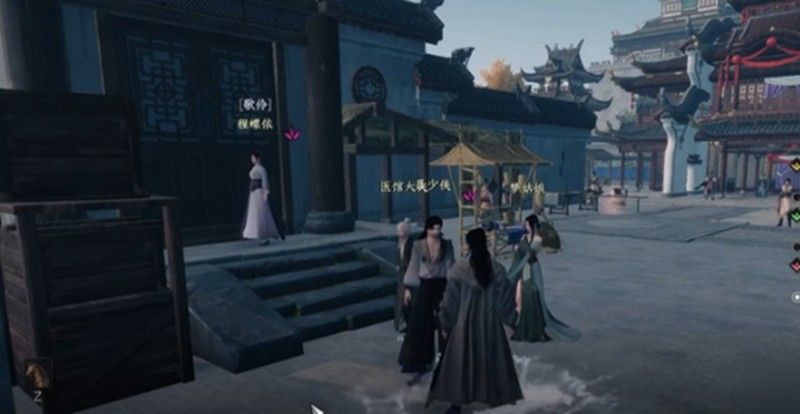 玩家角色在庭院中与聂少侠对峙交谈，背景古色古香，氛围紧张而神秘