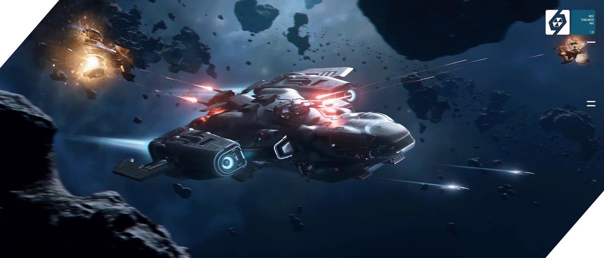 MISC Starlancer MAX飞船三维展示图，流线型舰体搭配重型货舱结构，停泊于空间站旁展现宏伟气势