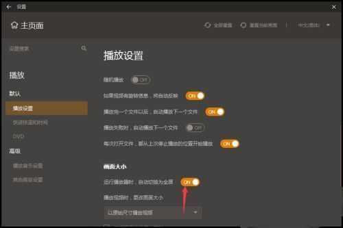 ‘运行播放器时，自动切换为全屏’功能开关已开启状态